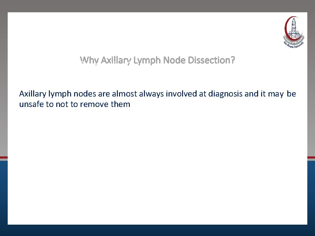 Why Axillary Lymph Node Dissection? Axillary lymph nodes are almost always involved at diagnosis