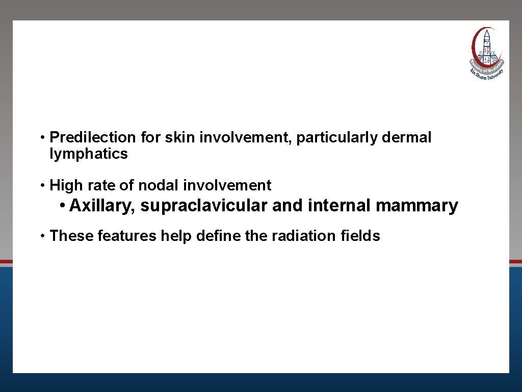 Unique Features of IBC • Predilection for skin involvement, particularly dermal lymphatics • High