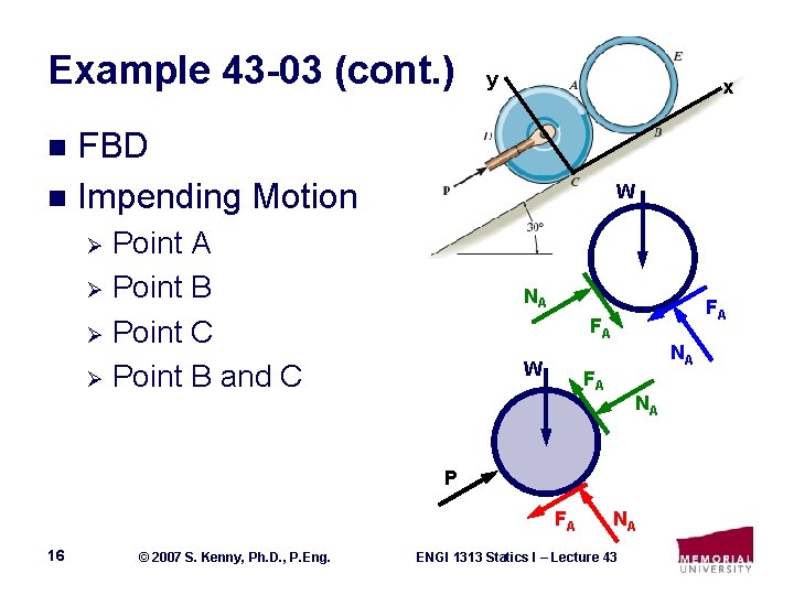 Example 43 -03 (cont. ) y x FBD n Impending Motion n W Point
