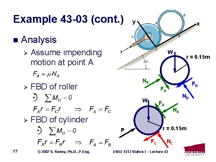 Example 43 -03 (cont. ) n y x Analysis Ø Ø Assume impending motion
