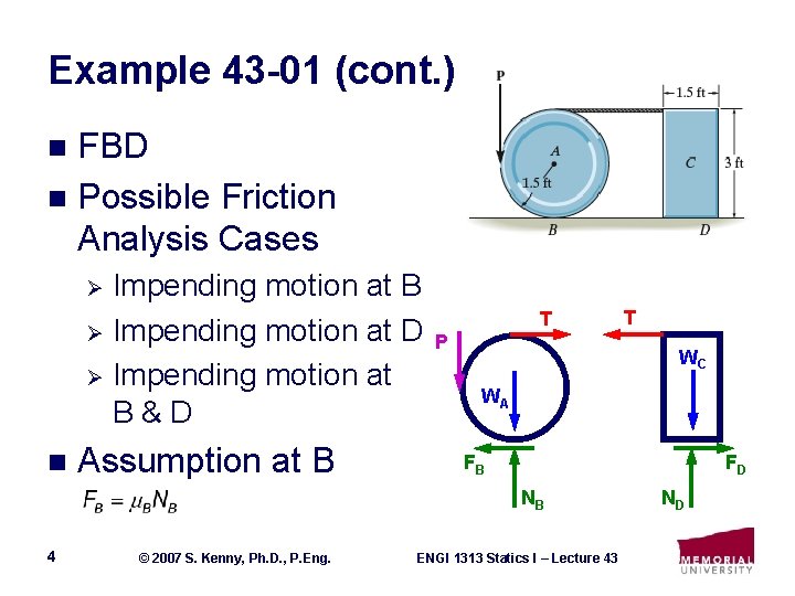 Example 43 -01 (cont. ) FBD n Possible Friction Analysis Cases n Impending motion