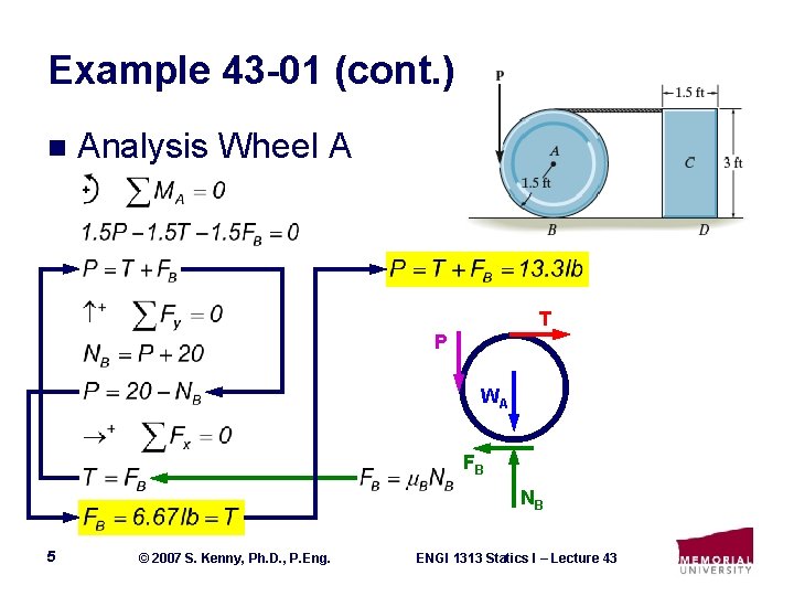 Example 43 -01 (cont. ) n Analysis Wheel A T P WA FB NB