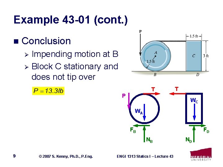 Example 43 -01 (cont. ) n Conclusion Impending motion at B Ø Block C