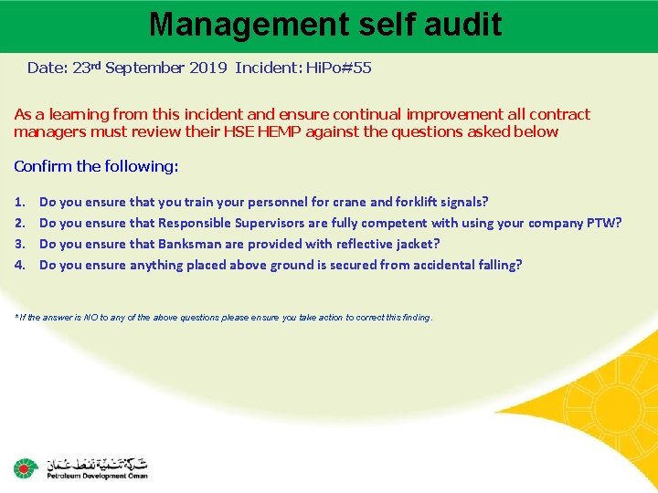 Management self audit Main contractor name – LTI# - Date of incident Date: 23