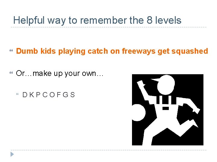 Helpful way to remember the 8 levels Dumb kids playing catch on freeways get
