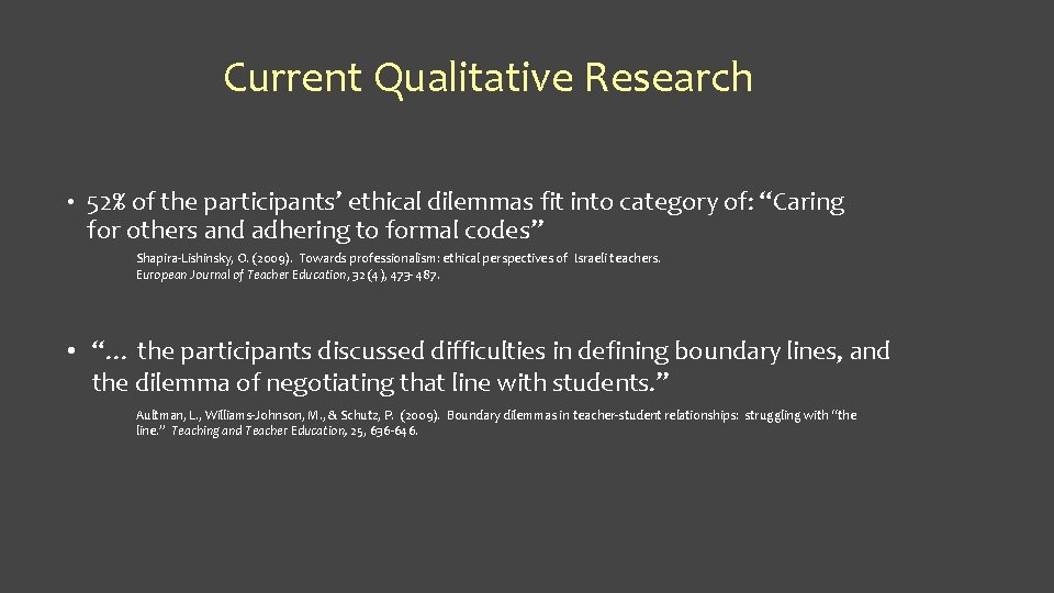 Current Qualitative Research • 52% of the participants’ ethical dilemmas fit into category of: