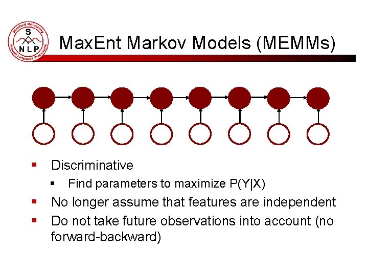Max. Ent Markov Models (MEMMs) § Discriminative § § § Find parameters to maximize