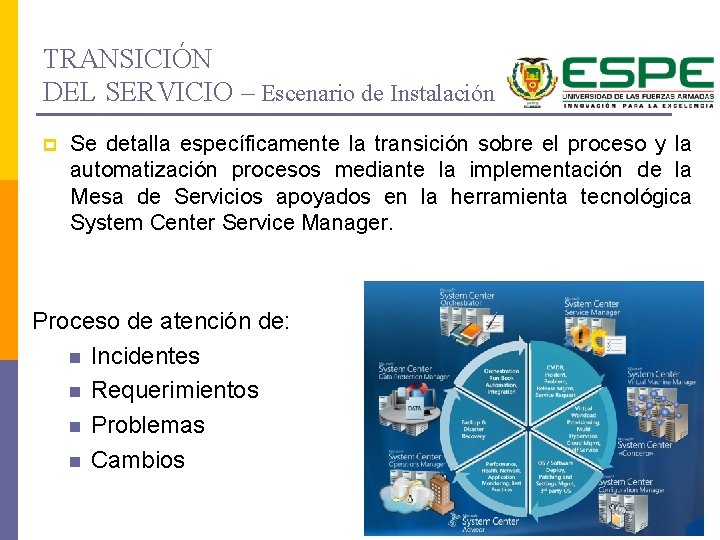 TRANSICIÓN DEL SERVICIO – Escenario de Instalación p Se detalla específicamente la transición sobre