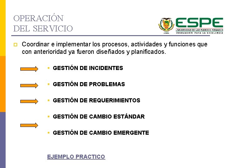 OPERACIÓN DEL SERVICIO p Coordinar e implementar los procesos, actividades y funciones que con