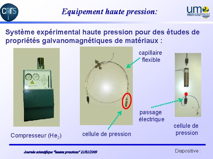 Equipement haute pression: Système expérimental haute pression pour des études de propriétés galvanomagnétiques de