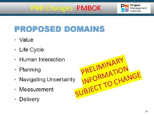 PMI Changes PMBOK Y R A IN M I L PRE MATION E G