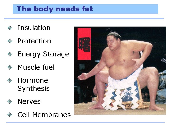 The body needs fat Insulation Protection Energy Storage Muscle fuel Hormone Synthesis Nerves Cell