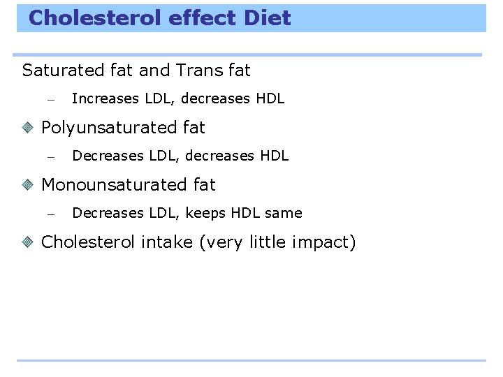Cholesterol effect Diet Saturated fat and Trans fat – Increases LDL, decreases HDL Polyunsaturated