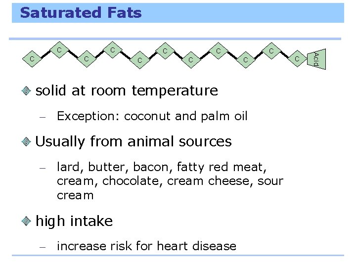Saturated Fats C C C C C solid at room temperature – Exception: coconut