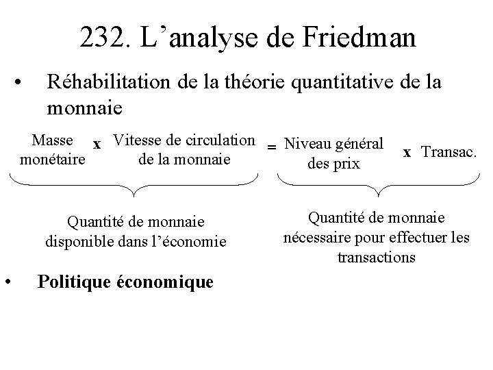 232. L’analyse de Friedman • Réhabilitation de la théorie quantitative de la monnaie Masse