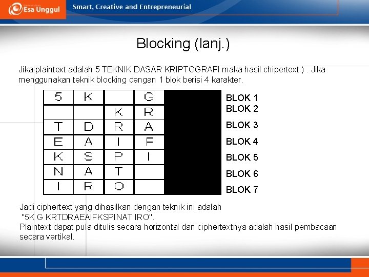 Blocking (lanj. ) Jika plaintext adalah 5 TEKNIK DASAR KRIPTOGRAFI maka hasil chipertext ).