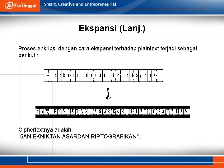 Ekspansi (Lanj. ) Proses enkripsi dengan cara ekspansi terhadap plaintext terjadi sebagai berikut :