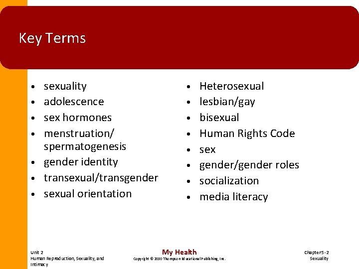 Key Terms • • sexuality adolescence sex hormones menstruation/ spermatogenesis gender identity transexual/transgender sexual Key Terms • • sexuality adolescence sex hormones menstruation/ spermatogenesis gender identity transexual/transgender sexual