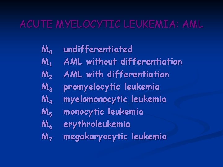 ACUTE MYELOCYTIC LEUKEMIA: AML M 0 M 1 M 2 M 3 M 4