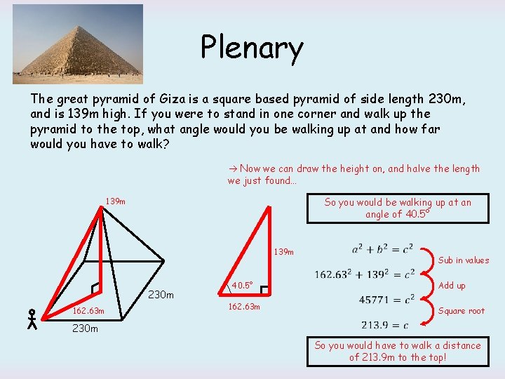 Plenary The great pyramid of Giza is a square based pyramid of side length