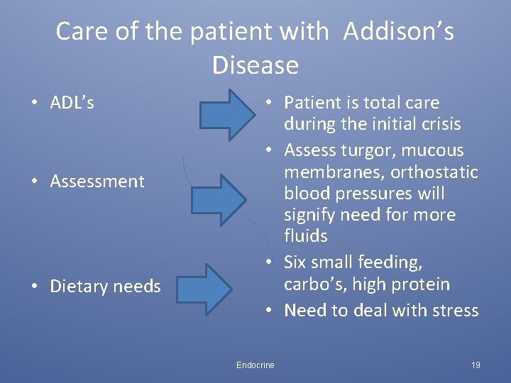 Care of the patient with Addison’s Disease • ADL’s • Assessment • Dietary needs