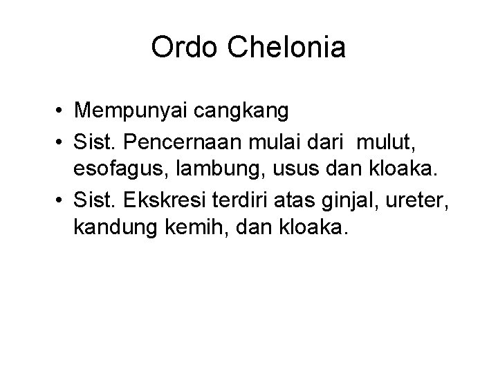 Ordo Chelonia • Mempunyai cangkang • Sist. Pencernaan mulai dari mulut, esofagus, lambung, usus