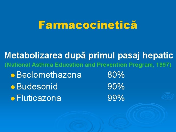 Farmacocinetică Metabolizarea după primul pasaj hepatic (National Asthma Education and Prevention Program, 1997) Beclomethazona