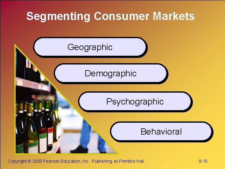 Segmenting Consumer Markets Geographic Demographic Psychographic Behavioral Copyright © 2009 Pearson Education, Inc. Publishing