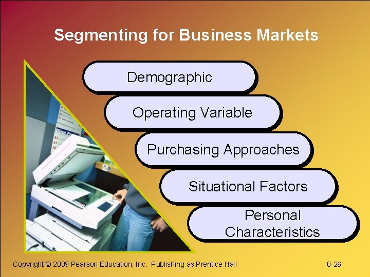 Segmenting for Business Markets Demographic Operating Variable Purchasing Approaches Situational Factors Personal Characteristics Copyright
