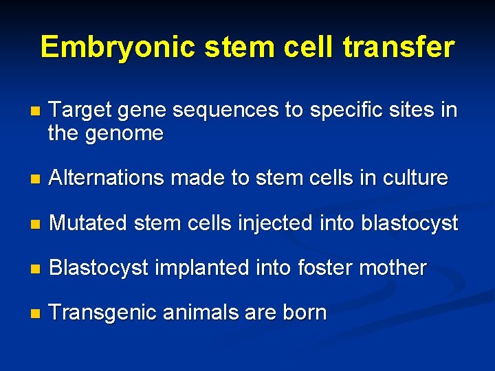 Embryonic stem cell transfer n Target gene sequences to specific sites in the genome