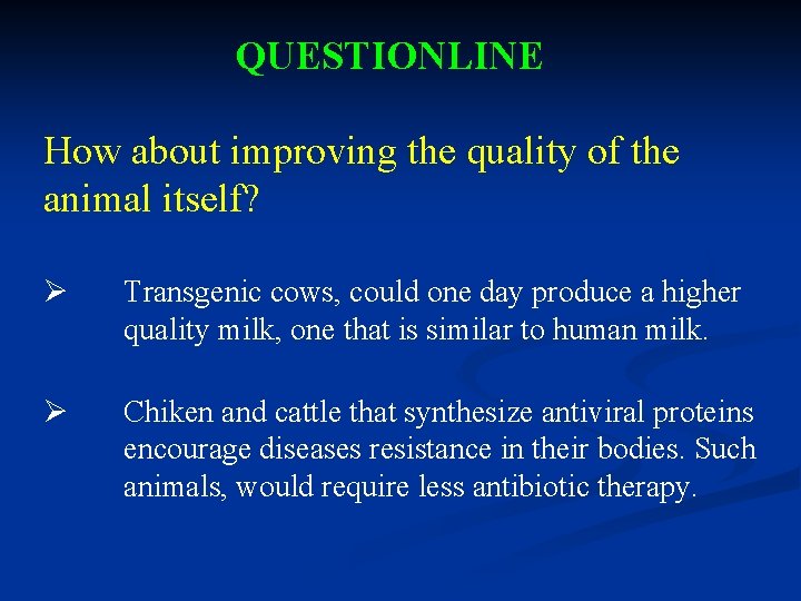 QUESTIONLINE How about improving the quality of the animal itself? Ø Transgenic cows, could