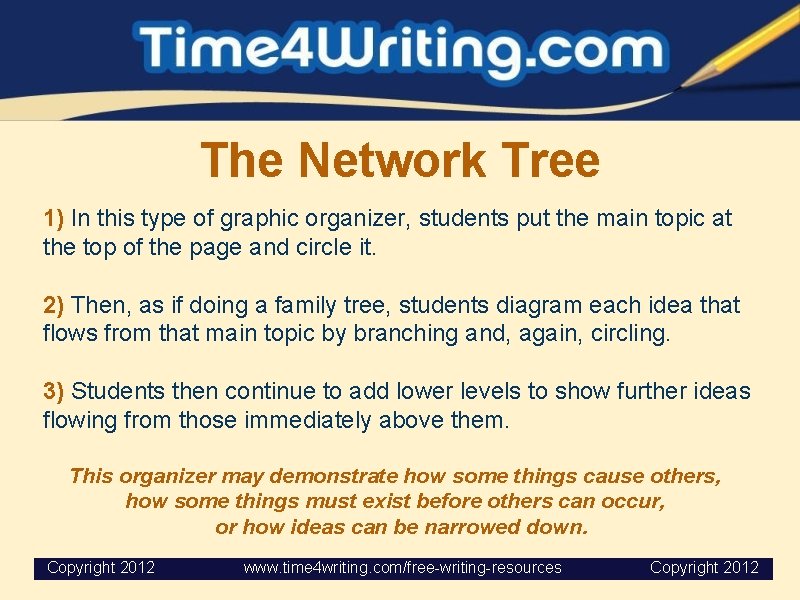 The Network Tree 1) In this type of graphic organizer, students put the main