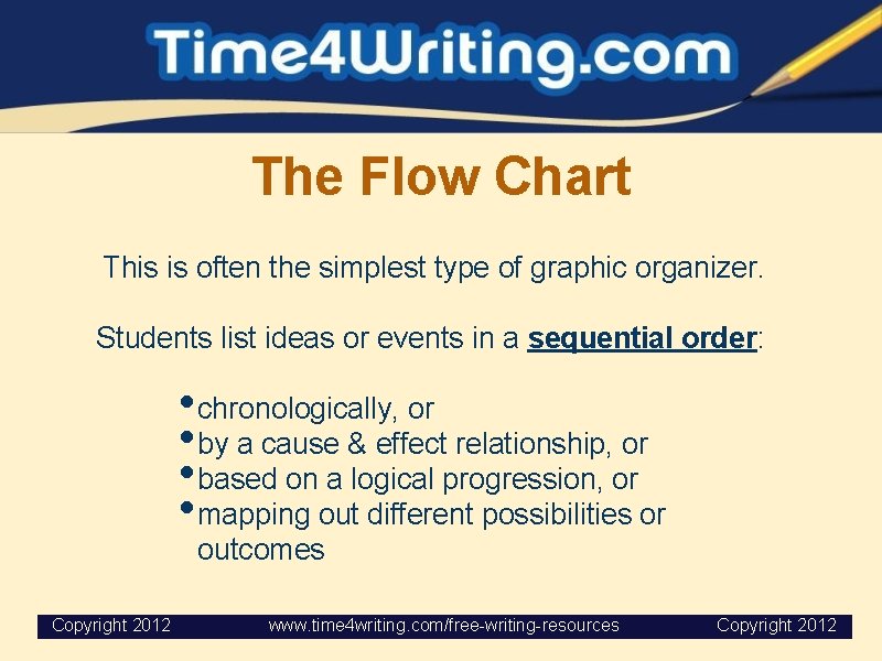 The Flow Chart This is often the simplest type of graphic organizer. Students list