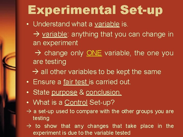 Experimental Set-up • Understand what a variable is. variable: anything that you can change