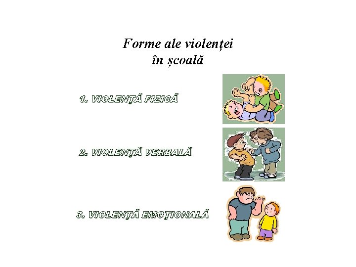 Forme ale violenței în școală 1. VIOLENŢĂ FIZICĂ 2. VIOLENŢĂ VERBALĂ 3. VIOLENŢĂ EMOŢIONALĂ