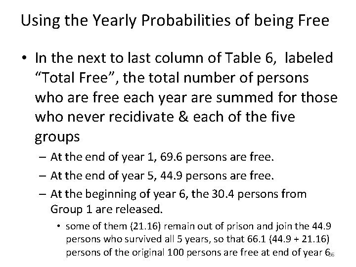 Using the Yearly Probabilities of being Free • In the next to last column