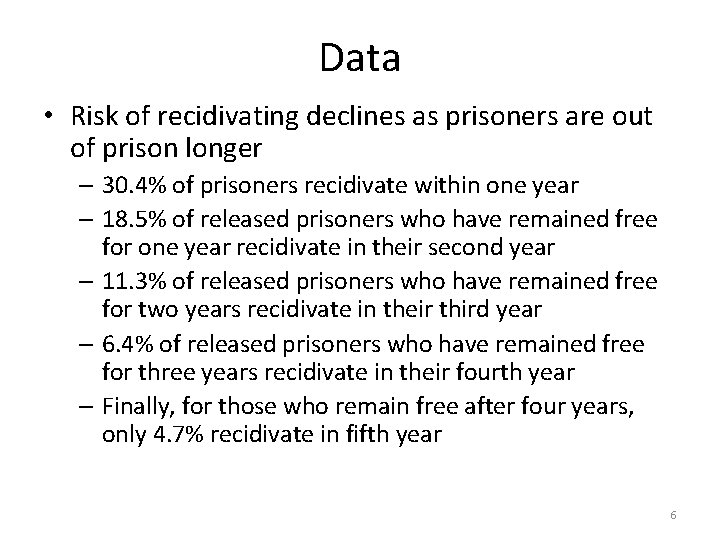 Data • Risk of recidivating declines as prisoners are out of prison longer –