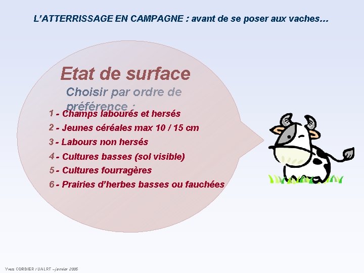 L’ATTERRISSAGE EN CAMPAGNE : avant de se poser aux vaches… Etat de surface Choisir L’ATTERRISSAGE EN CAMPAGNE : avant de se poser aux vaches… Etat de surface Choisir