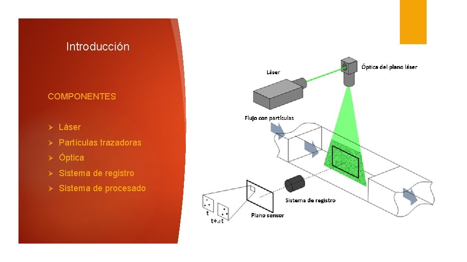 Introducción COMPONENTES Ø Láser Ø Partículas trazadoras Ø Óptica Ø Sistema de registro Ø