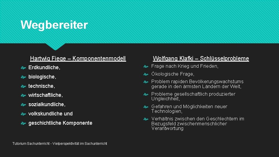 Wegbereiter Hartwig Fiege – Komponentenmodell Erdkundliche, biologische, Wolfgang Klafki – Schlüsselprobleme Frage nach Krieg