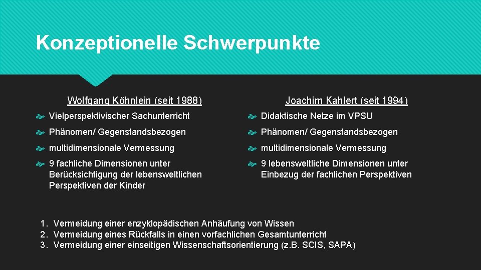 Konzeptionelle Schwerpunkte Wolfgang Köhnlein (seit 1988) Joachim Kahlert (seit 1994) Vielperspektivischer Sachunterricht Didaktische Netze
