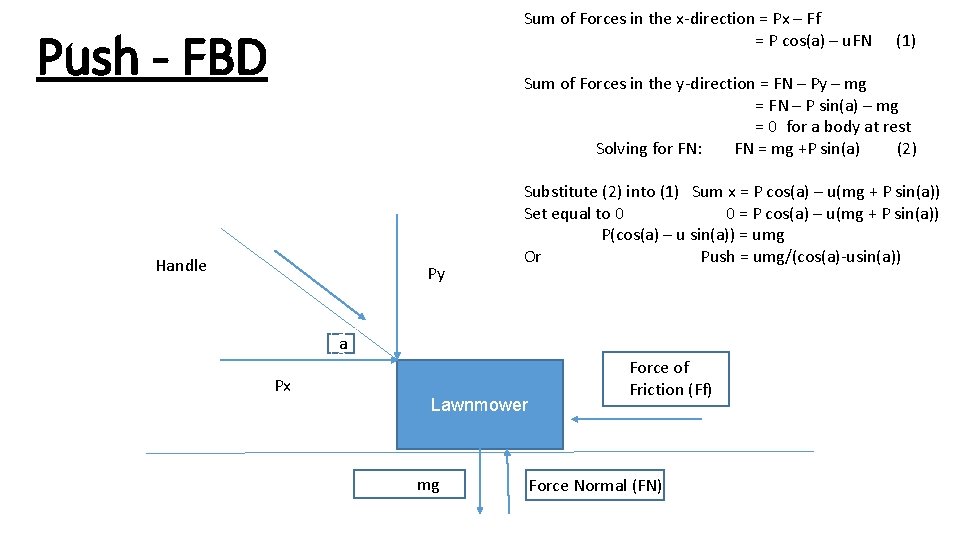 Sum of Forces in the x-direction = Px – Ff = P cos(a) –