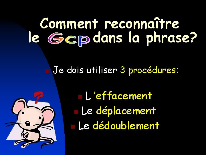 Comment reconnaître le dans la phrase? n Je dois utiliser 3 procédures: L ’effacement