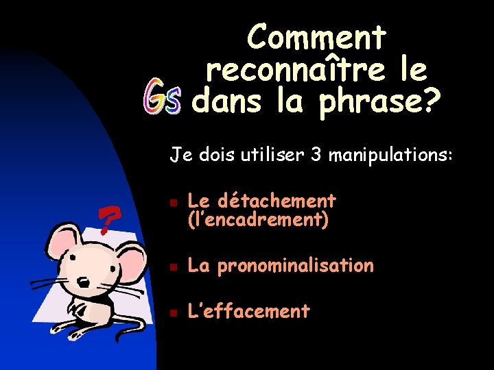 Comment reconnaître le dans la phrase? Je dois utiliser 3 manipulations: n Le détachement