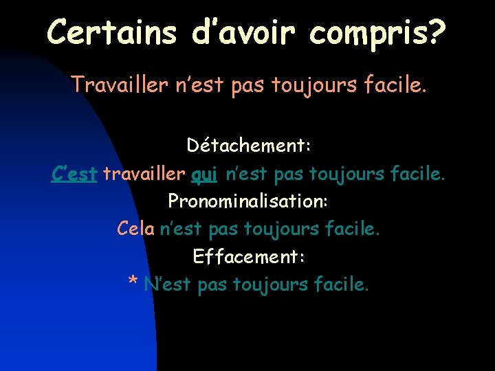 Certains d’avoir compris? Travailler n’est pas toujours facile. Détachement: C’est travailler qui n’est pas