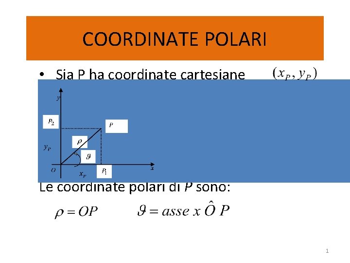 COORDINATE POLARI • Sia P ha coordinate cartesiane Le coordinate polari di P sono: