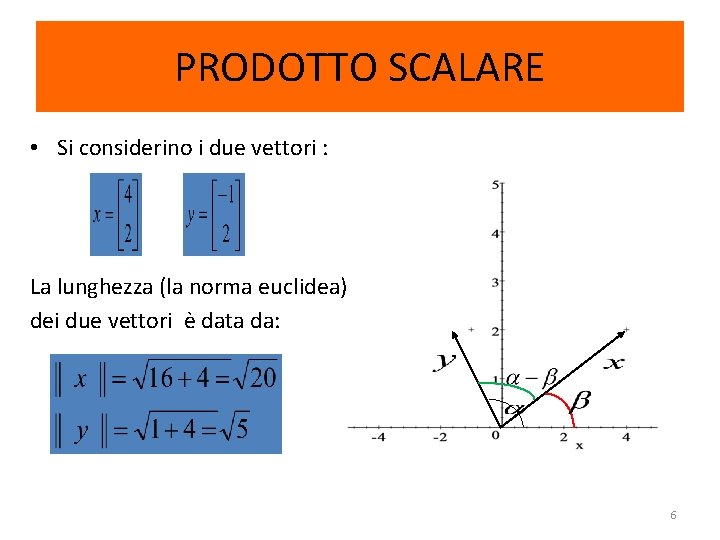 PRODOTTO SCALARE • Si considerino i due vettori : La lunghezza (la norma euclidea)