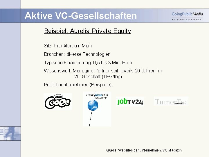 Aktive VC-Gesellschaften Beispiel: Aurelia Private Equity Sitz: Frankfurt am Main Branchen: diverse Technologien Typische
