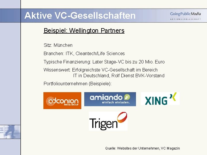 Aktive VC-Gesellschaften Beispiel: Wellington Partners Sitz: München Branchen: ITK, Cleantech/Life Sciences Typische Finanzierung: Later