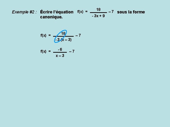 18 – 7 sous la forme Exemple #2 : Écrire l’équation f(x) = -